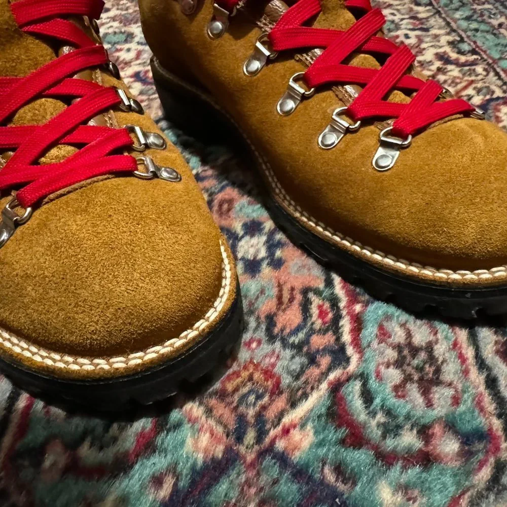 J. Crew Tan Suede Hiking Boots with Red Laces